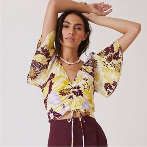 NWT Maeve Anthropologie Cinched Floral Yellow and Burgundy Top Size Medium